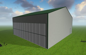 A large, rectangular warehouse with a green roof and gray walls stands on a grassy field under a partly cloudy sky. The building has no windows and a small door is visible on one side. Shadows are cast on the grass by the structure.
