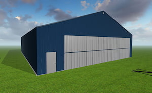 A 3D rendering of a large blue industrial building with a gray roof and sliding doors. The structure stands on a grassy field under a partly cloudy sky.