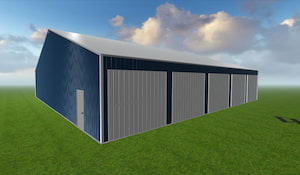 A large, blue storage building with several closed gray sliding doors sits on a grassy field. The sky above is partly cloudy with scattered light.