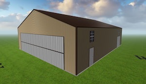 A 3D rendering of a large, brown warehouse with a dark roof. It features two large, gray sliding doors and a smaller side door. The building is set on a grassy field under a partly cloudy sky.