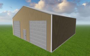 A digital rendering of a large, brown metal auto shop with two tall garage doors and a side door, situated on a grassy Maryland landscape under a partly cloudy sky.