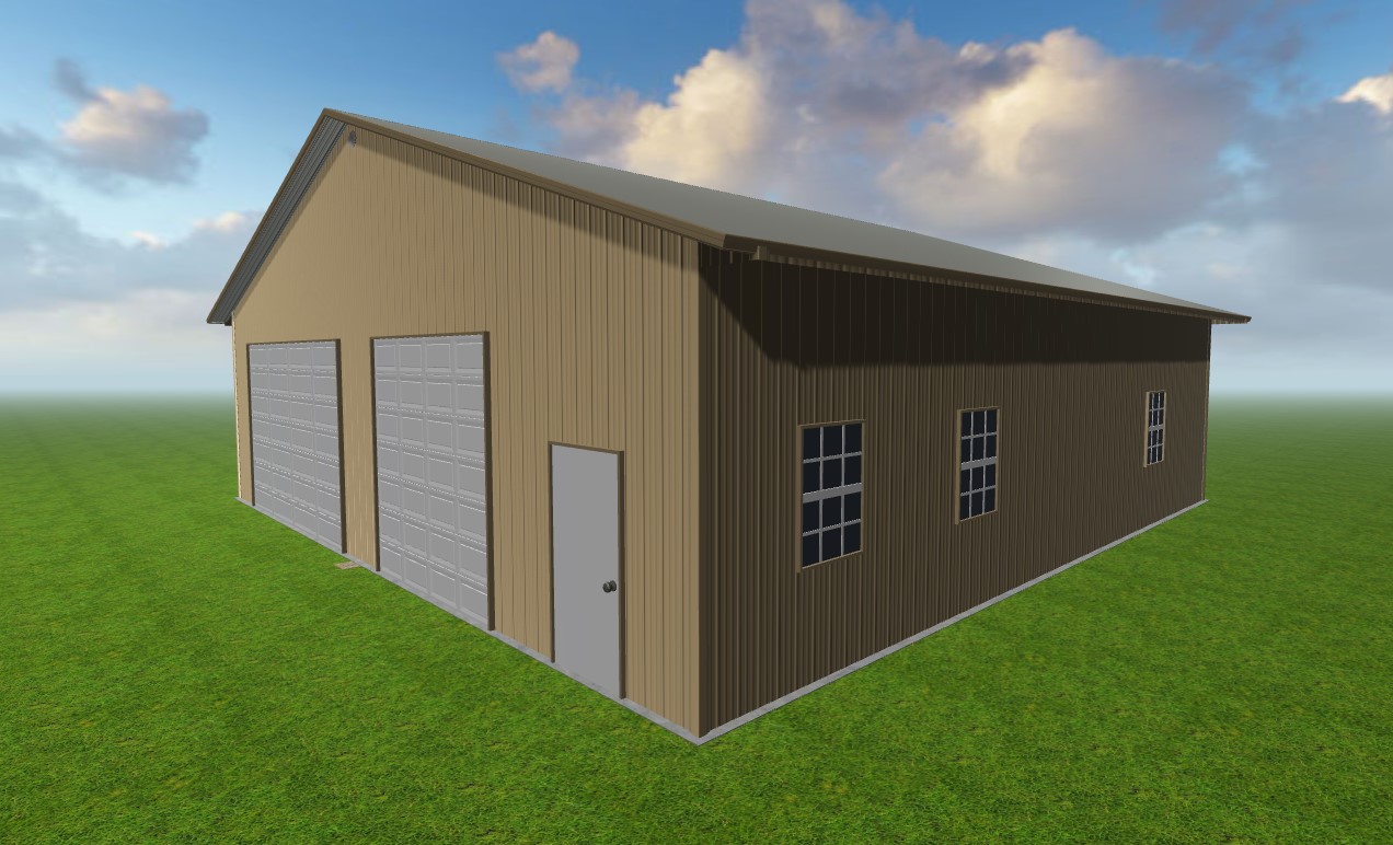 A 3D rendering of a large, tan metal garage nestled riverside, featuring two spacious gray roll-up doors on the front, a side door, and three windows. It sits gracefully on a grassy field under a partly cloudy sky.