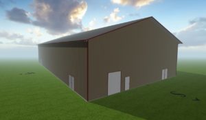 A large, rectangular warehouse with a sloped roof sits on a grassy plain near Round Lake. The building has multiple doors and is surrounded by an open sky with scattered clouds.