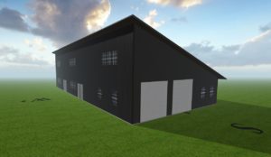 A dark gray industrial building with a single slope roof features two large garage doors and several grid-patterned windows. Set on a grassy field, this modern barndominium sits under a partly cloudy sky.