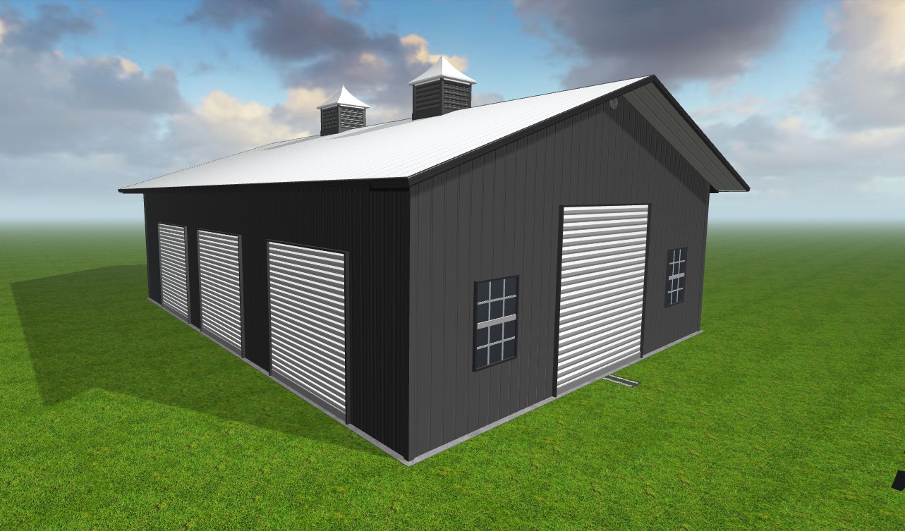 A large, dark gray garage with a pitched roof and several closed roller doors stands on a green lawn in St Helena under a partly cloudy sky. The structure features two small rooftop vents.