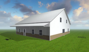 A 3D rendering depicts a large, white barndo with a brown base, featuring multiple windows and a high-pitched roof. It sits on a grassy field under a partly cloudy sky with compass letters "E" and "N" visible on the ground.