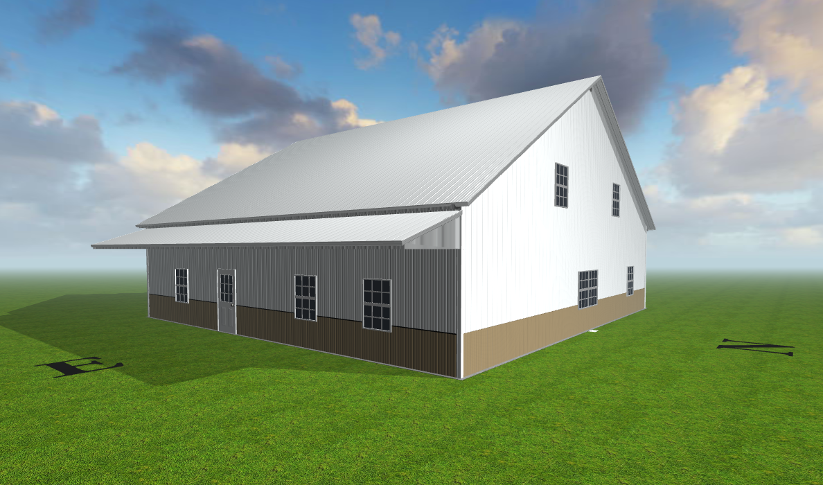 A 3D rendering depicts a large, white barndo with a brown base, featuring multiple windows and a high-pitched roof. It sits on a grassy field under a partly cloudy sky with compass letters "E" and "N" visible on the ground.