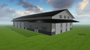 A large, rectangular gray barn with a black roof, reminiscent of a classic Chapman design, stands on a green grassy field under a partly cloudy sky. This barndo features several large garage-style doors and small windows along its sides.
