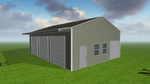 A 3D-rendered image of a large green metal building, often referred to as a "barndo," features three garage doors on one side, a small door, and two windows. It sits in an open grassy area under a partly cloudy sky.