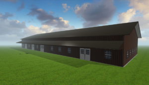 A large, dark brown Chapman Barndo with a gabled roof stands on a grassy field under a partly cloudy sky. This versatile building, known as a Barndo, boasts multiple doors and windows along its side.