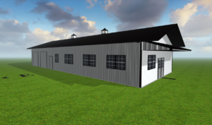 A digital rendering of a sleek white metal barndo with black windows and a sloped roof, set against a grassy field. The partly cloudy sky casts gentle shadows on the grass, adding depth to this Chapman-influenced structure with multiple windows and a side entrance.