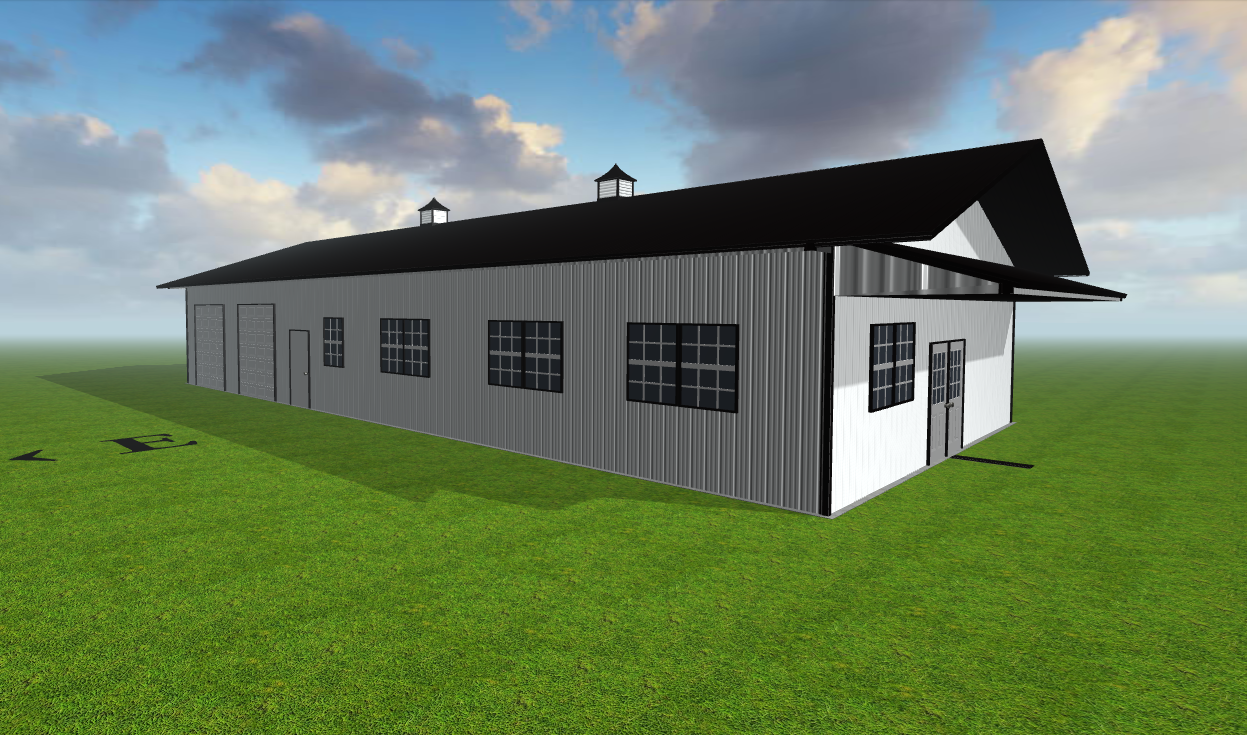 A digital rendering of a sleek white metal barndo with black windows and a sloped roof, set against a grassy field. The partly cloudy sky casts gentle shadows on the grass, adding depth to this Chapman-influenced structure with multiple windows and a side entrance.