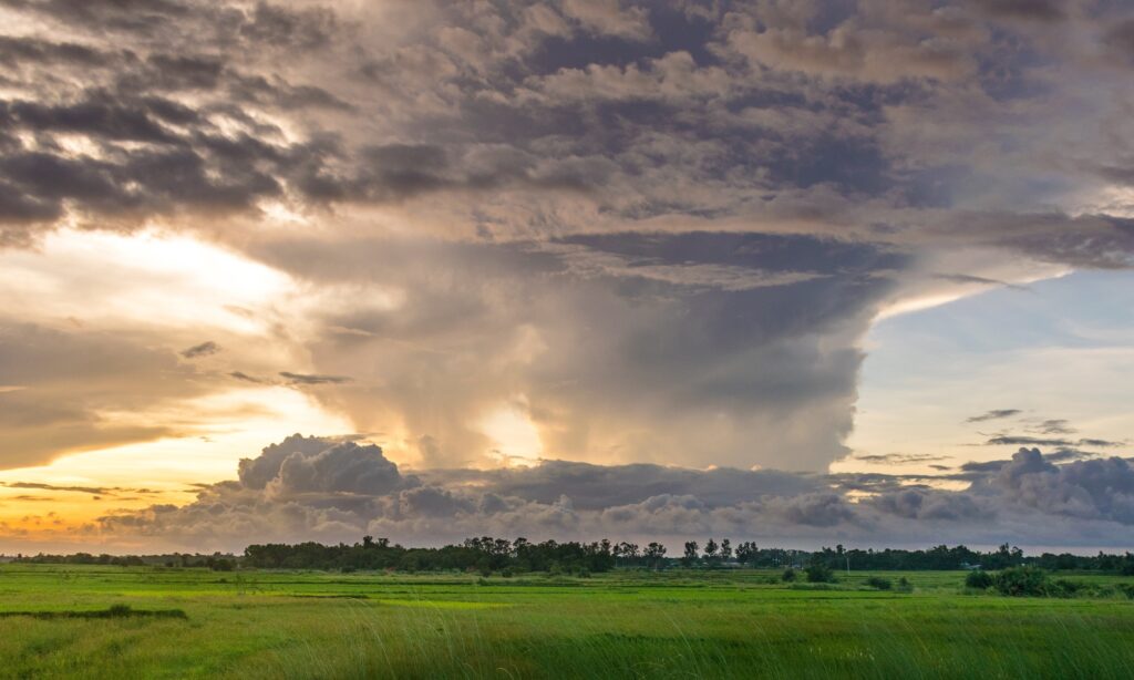 Thunderstorm clouds over a green field