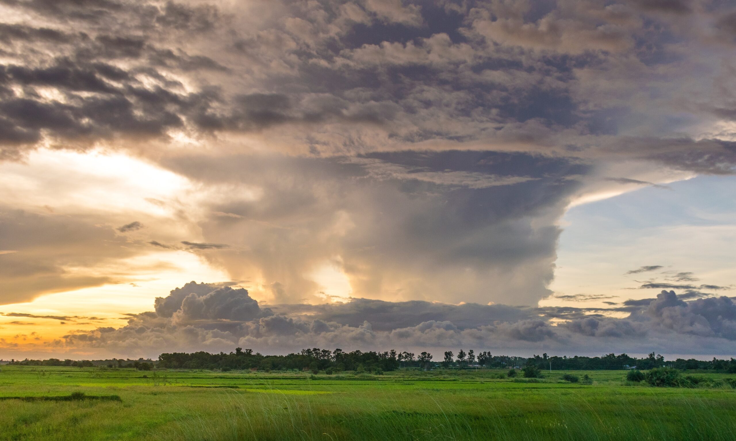 A vast green field stretches under a dramatic sky filled with large, dark clouds. Sunlight peeks through, creating a bright and contrasting horizon, while trees line the distant background.