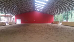 The interior of the spacious horse arena features a sandy surface and a red metal wall at the far end. High ceilings with skylights allow natural light to flood in, accentuating wooden barriers along the sides. Outside, trees reminiscent of an agricultural landscape are visible.