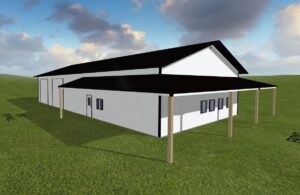 A 3D rendering of a white barndominium with a black roof graces the Louisburg skyline. The structure features large doors, windows, and a covered porch supported by wooden beams. It is set on a grassy landscape under a partly cloudy sky.