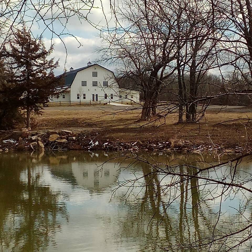 The white barn-style building of Stone Briar Farms stands near a calm pond, surrounded by leafless trees. The cloudy sky and the building's reflection in the water create a tranquil, rural winter landscape, perfect for an event venue.