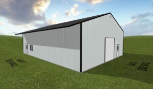 A large white metal building, reminiscent of the classic Bates City Garage, stands with a sloped roof on a grassy landscape. It has labeled sides like "Right Side Wall" and "Back End Wall." The sky above is partly cloudy, revealing patches of blue.