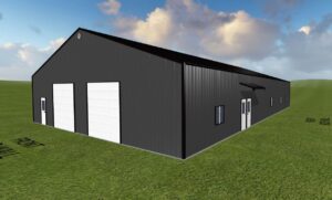 3D rendering of a large dark gray metal warehouse, reminiscent of a bardominium, with two white garage doors and a side entrance. Set on lush green grass in Chillicothe, it stands against a backdrop of blue sky filled with clouds.