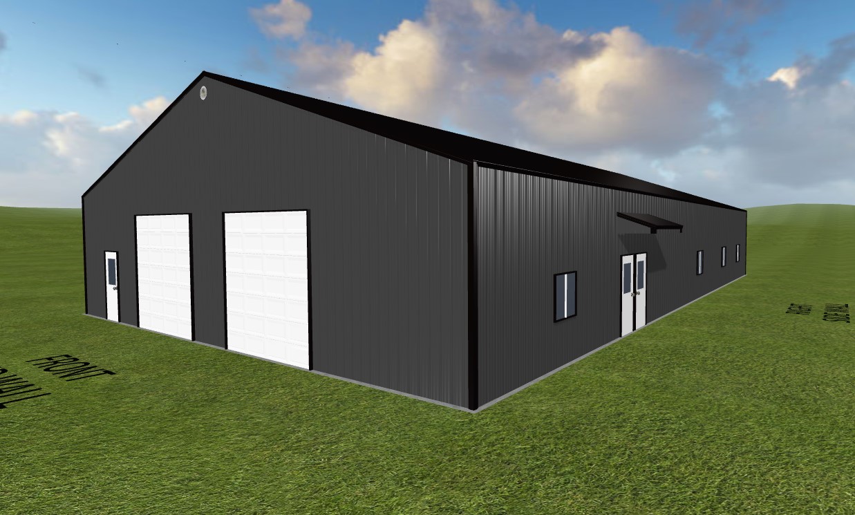 3D rendering of a large dark gray metal warehouse, reminiscent of a bardominium, with two white garage doors and a side entrance. Set on lush green grass in Chillicothe, it stands against a backdrop of blue sky filled with clouds.