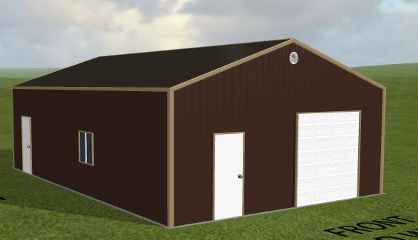 A brown rectangular building with a dark roof, all steel design, featuring a white garage door and entry door in front, and a window on the side wall. It stands on a grassy surface under a cloudy sky. Dimensions are 24x36x10. Ref#031961.