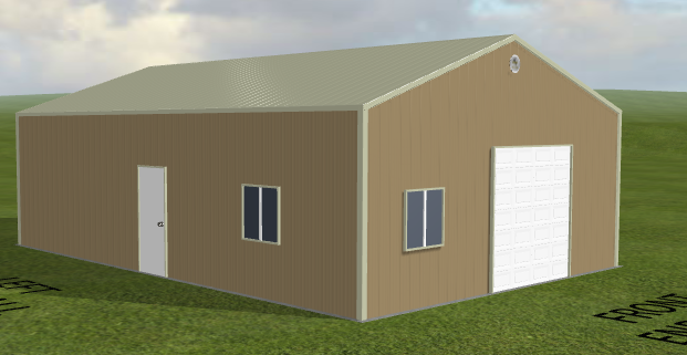 Tan metal building with gable roof, white doors, and windows on grass. Size: 24x36x10.