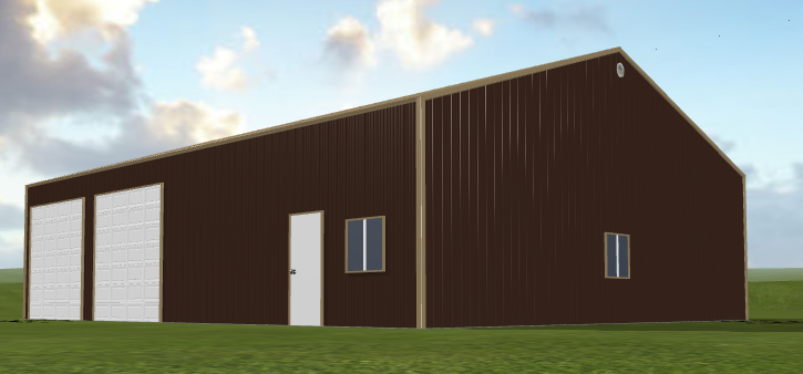 Brown steel building 40x48x12 with white doors and windows on grass under partly cloudy sky.