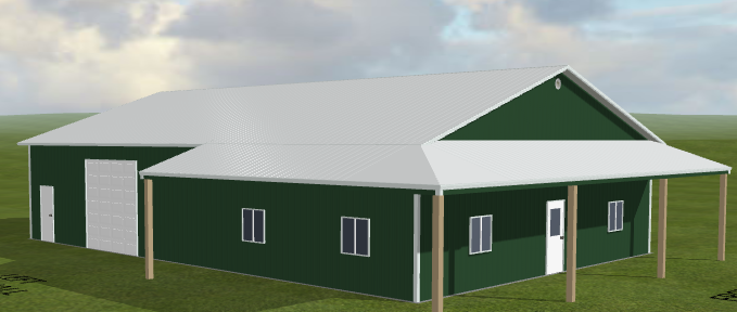 3D render of green steel building with white roof, garage door, porch, on grassy landscape.