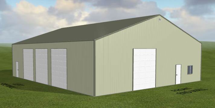 Large beige metal building with sloped roof, 3 tall garage doors, entry doors. Ref#052861.
