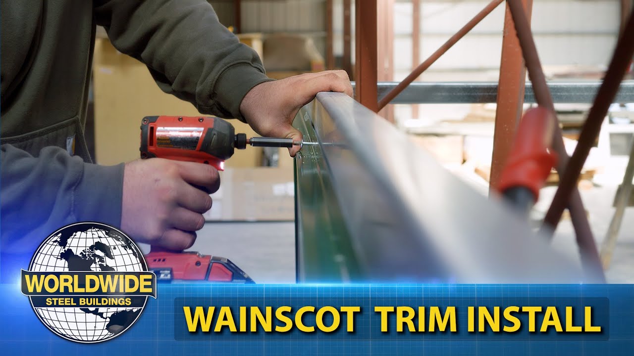 Person using red power drill to install metal trim; "WORLDWIDE STEEL BUILDINGS" text below.
