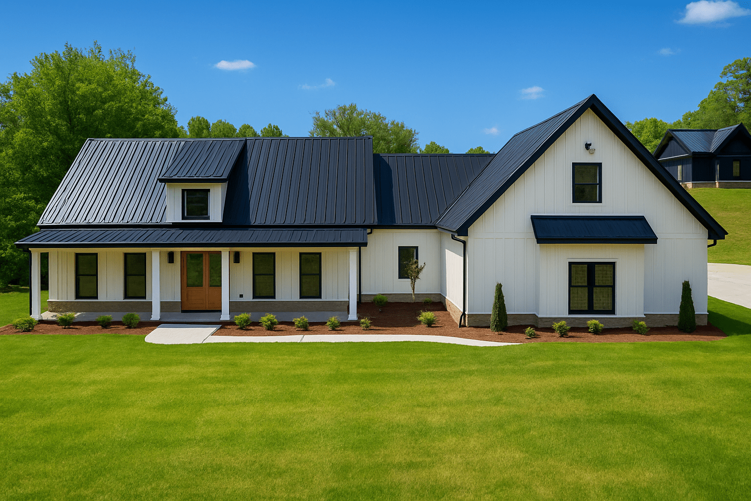 Modern white house with black roof, large windows, wood doors, and landscaped lawn.