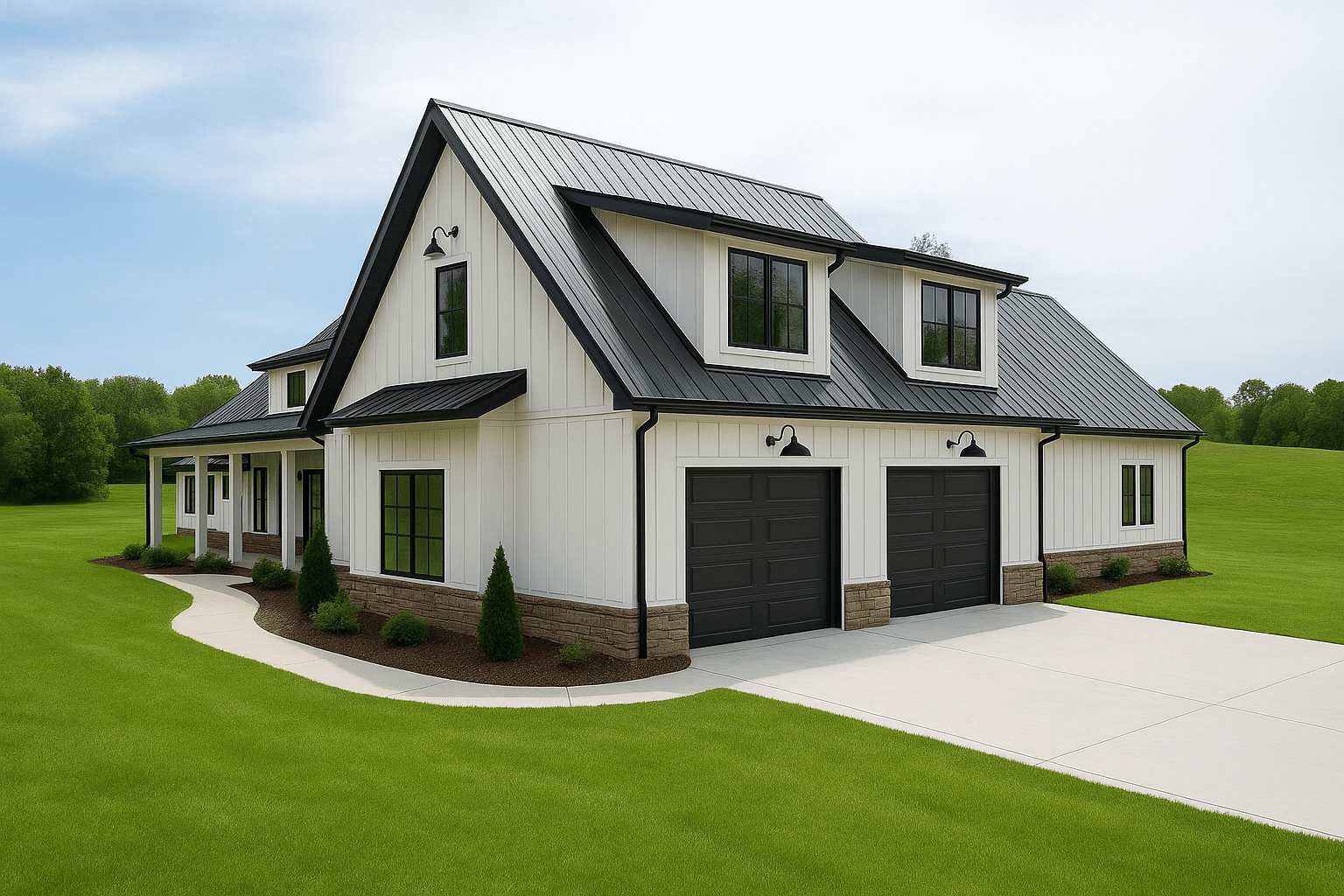 Modern white barndo farmhouse with black roof, dark garage, on lawn bordered by trees.
