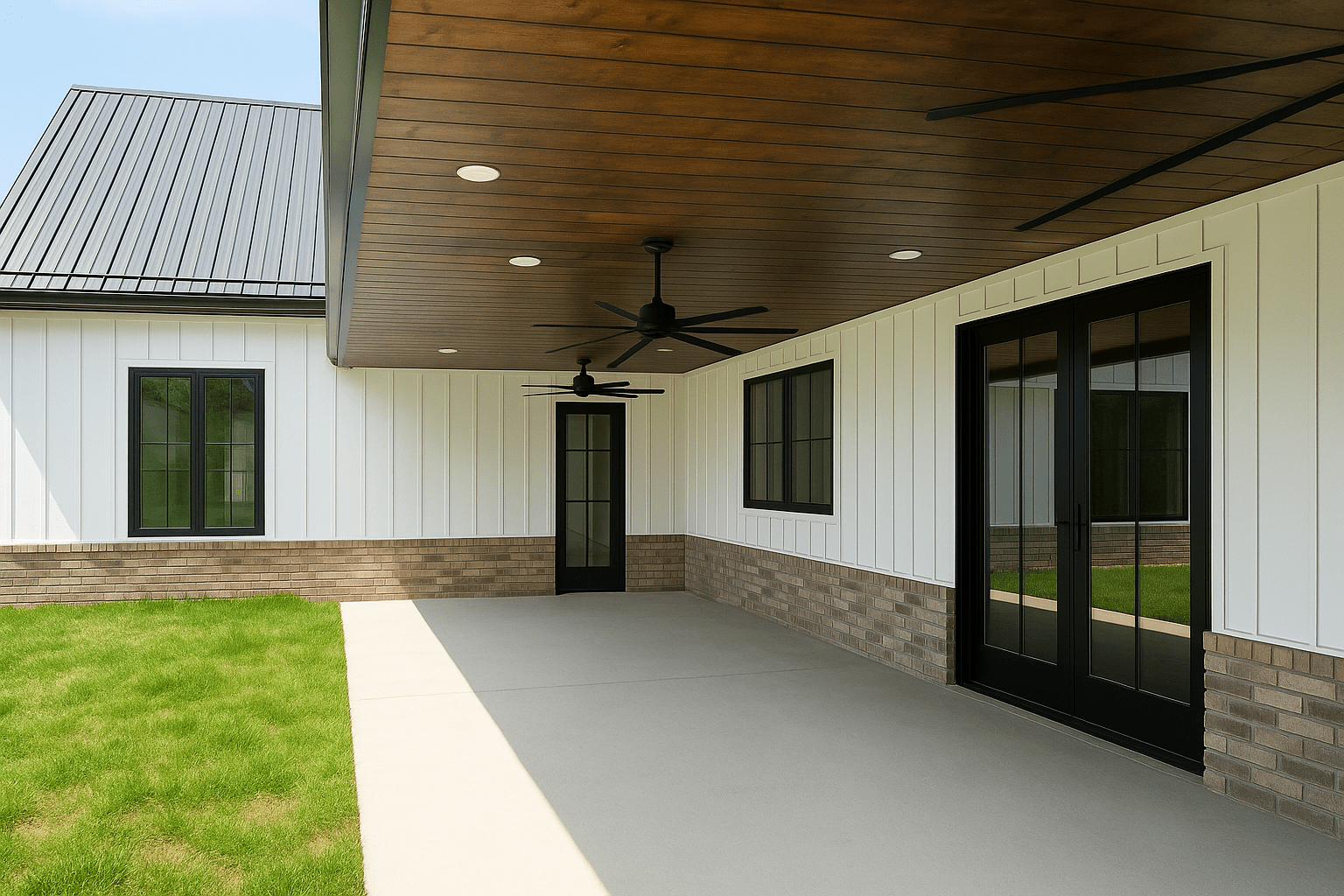 Modern covered patio with wood ceiling, black fans, brick base, large windows, and green lawn.