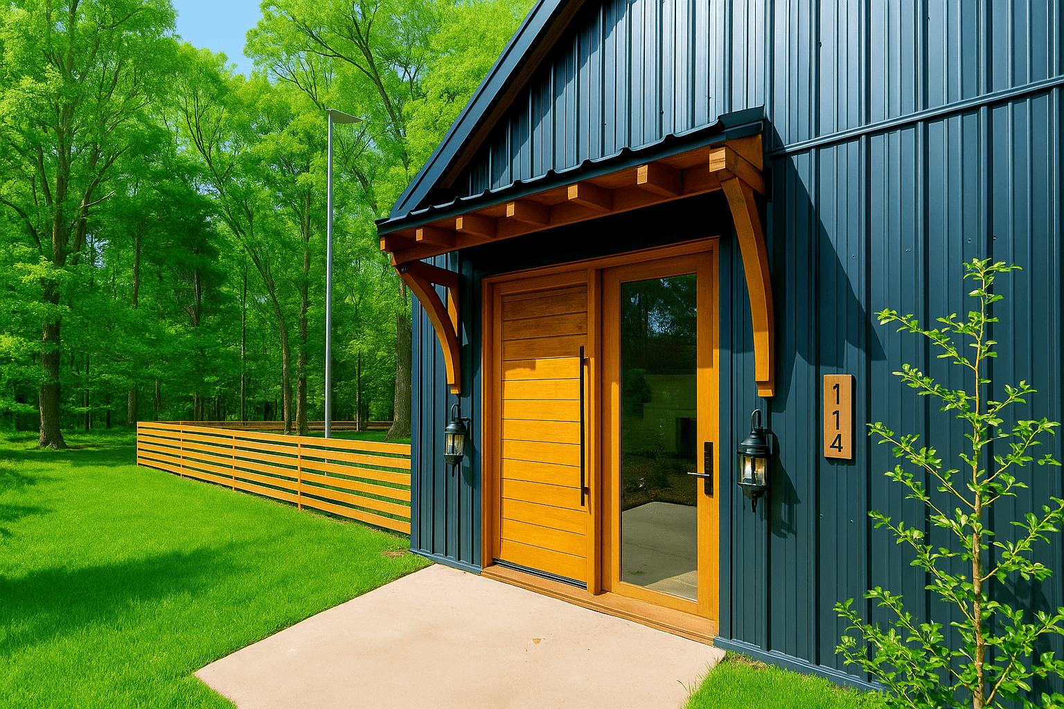 Blue metal barndo with wood door, lanterns, and 