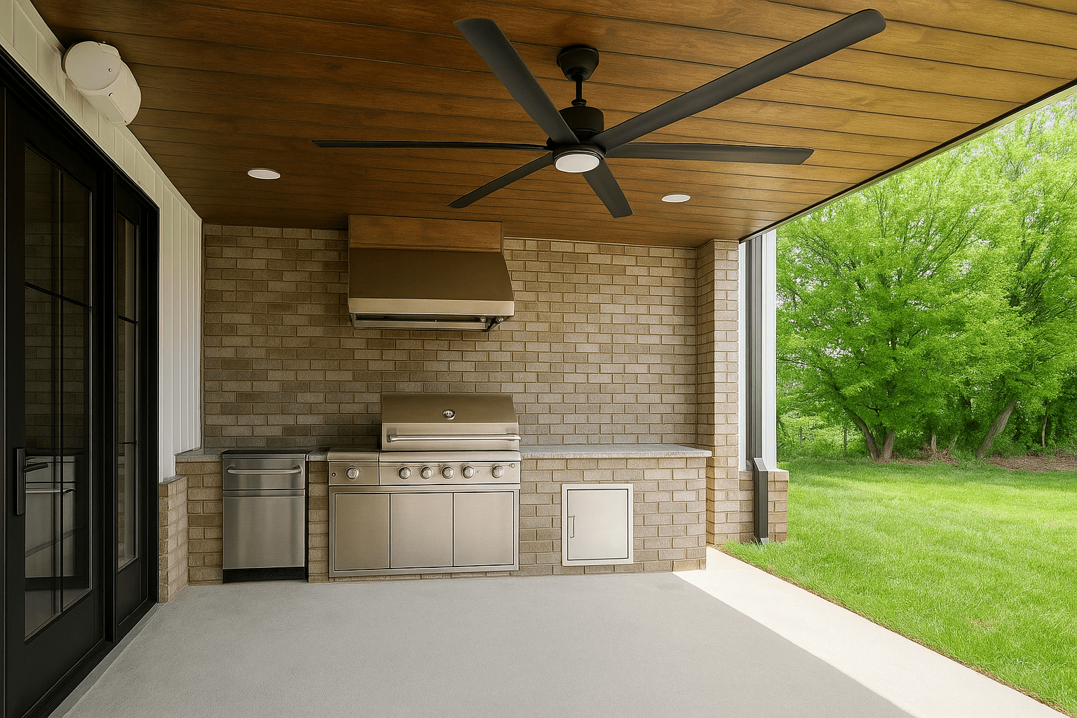 Outdoor kitchen with grill, brick wall, wood ceiling, black fan, and view of green trees.