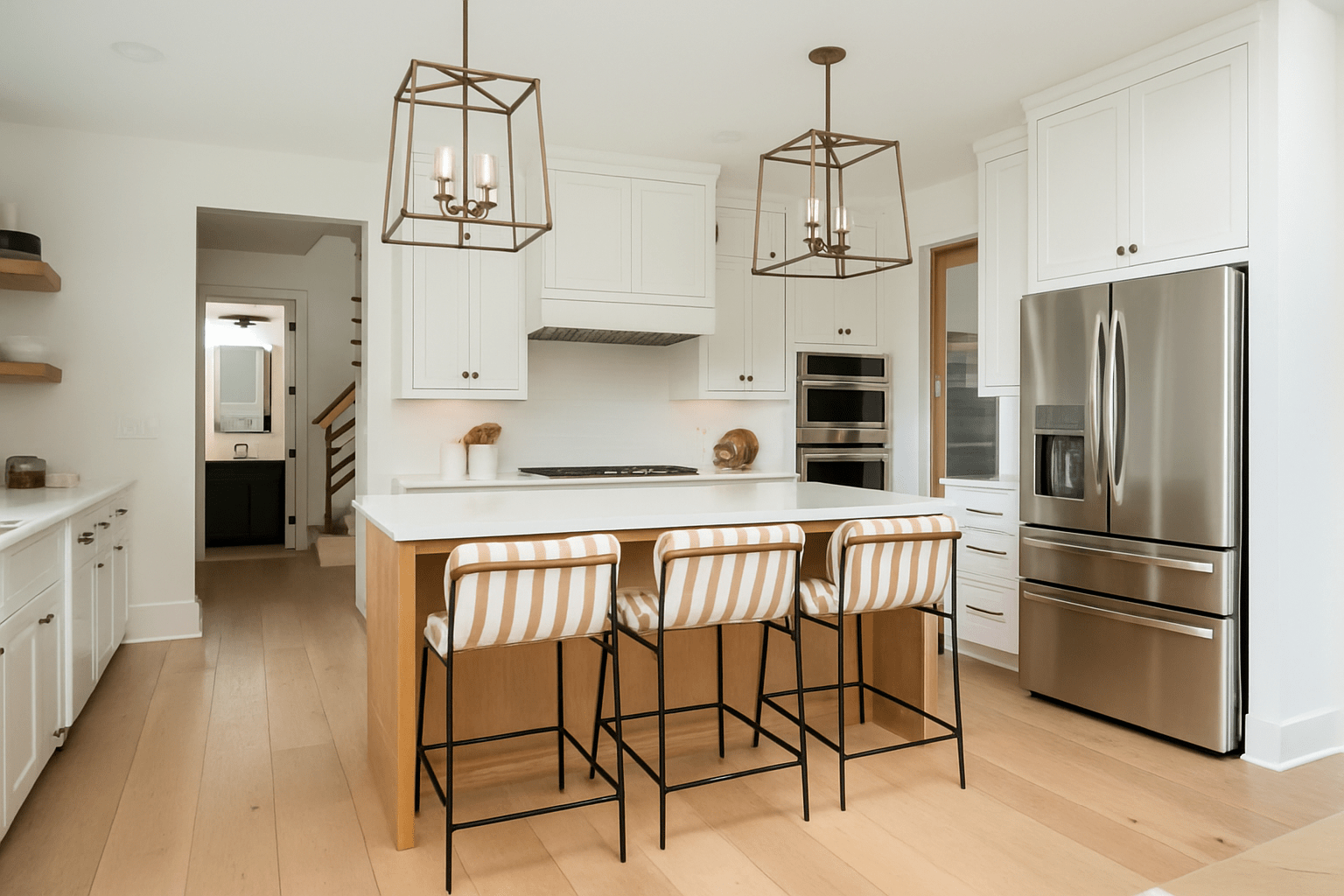 Modern kitchen with white cabinets, island, striped bar stools, and pendant lights.