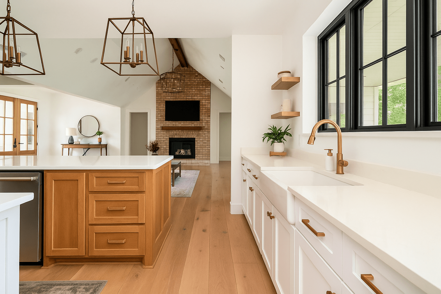 Modern kitchen with wood cabinets, gold fixtures, large windows, and view of living area.