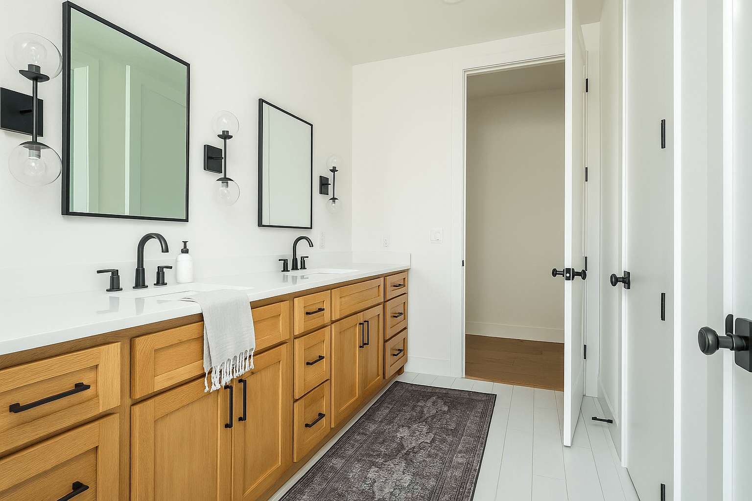 Modern bathroom with double sinks, wood cabinets, black fixtures, and bright natural light.
