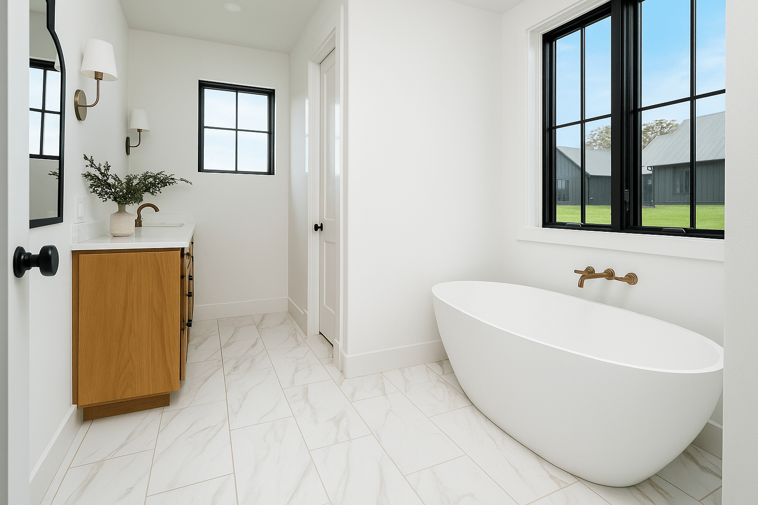 Modern bathroom with white tub, wood vanity, black windows, sleek sconces, and white tile floor.