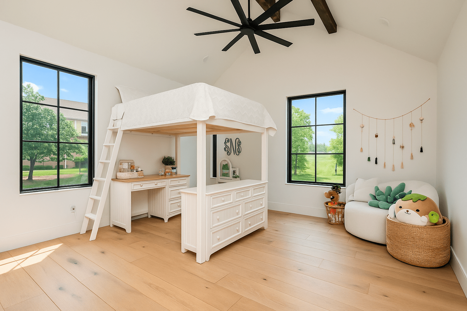 Children’s room with wood floors, white loft bed, large windows, desk, toys, and ceiling fan.