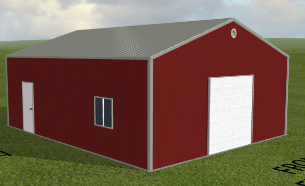 Red steel building with gray roof, white doors, and a window on grass under a partly cloudy sky.