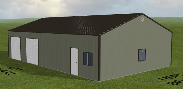 Steel gray building with two garage doors, entry door, window on grass; 30x48x10 size.