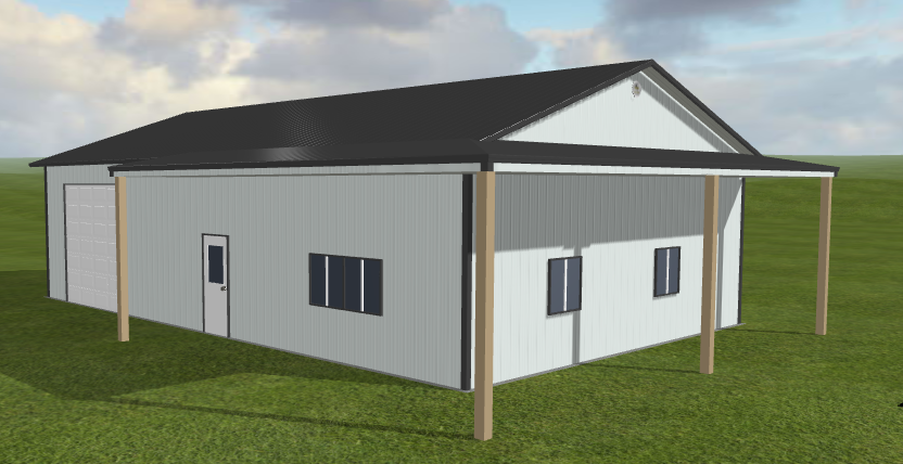 3D render of a white metal building with black roof, porch, windows, door, and garage door.