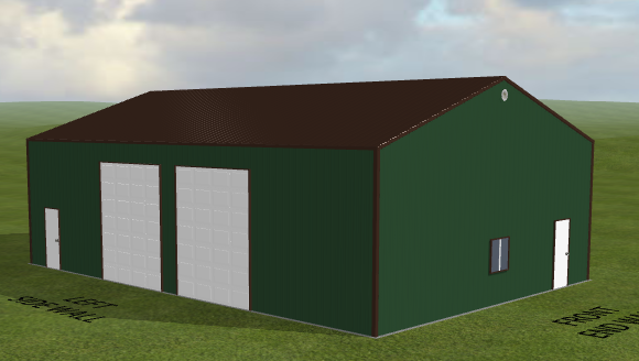 Green steel building 34x50x14 with 2 garage doors, window, entry doors. Ref#061662.