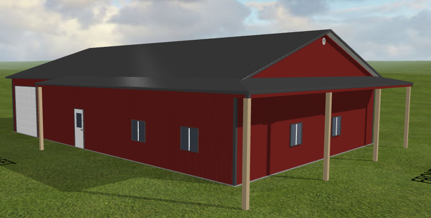 Red metal barn (40x60x12) with black roof, windows, door, and porch with wooden posts.