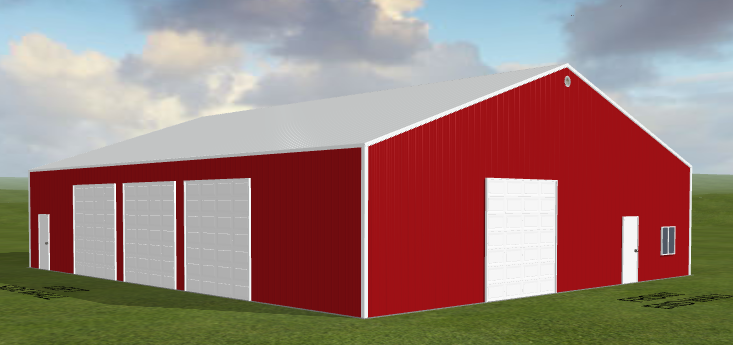 Large red steel building with white doors on grass under a cloudy sky.