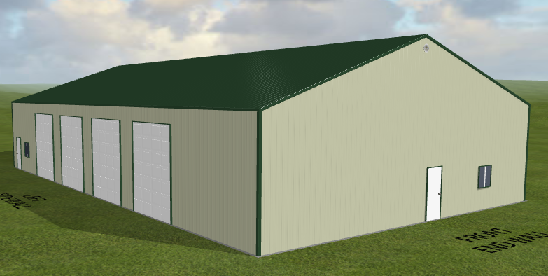 Large beige metal building, green roof, 4 garage doors, single entry door, on grass under clouds.