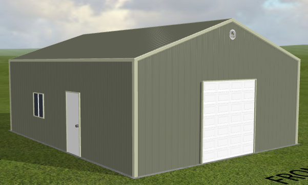 Gray 24x30x10 steel building with white door, window, gable roof on grass under cloudy sky.