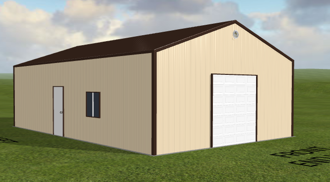 Tan steel building with brown roof, white doors and window on grass under cloudy sky.