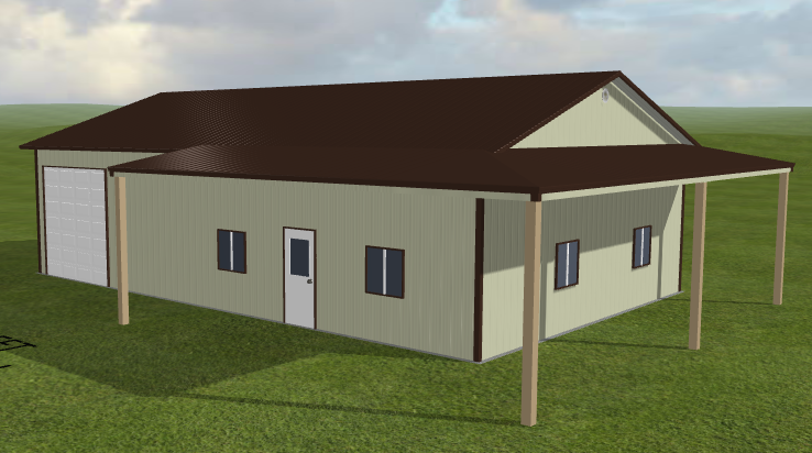 3D render of a beige 30x48x12 steel building with tube porch on grass.